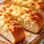 Golden, gooey cheesy garlic bread sliced on a wooden board, showing melted cheese and crispy edges.