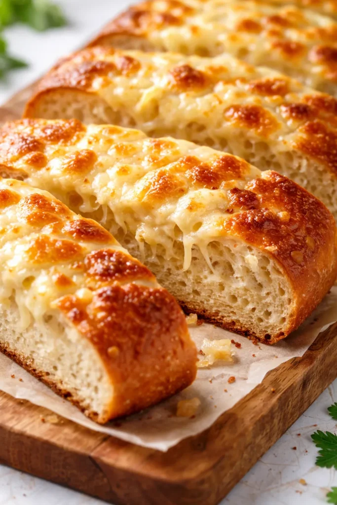 Golden, gooey cheesy garlic bread sliced on a wooden board, showing melted cheese and crispy edges.