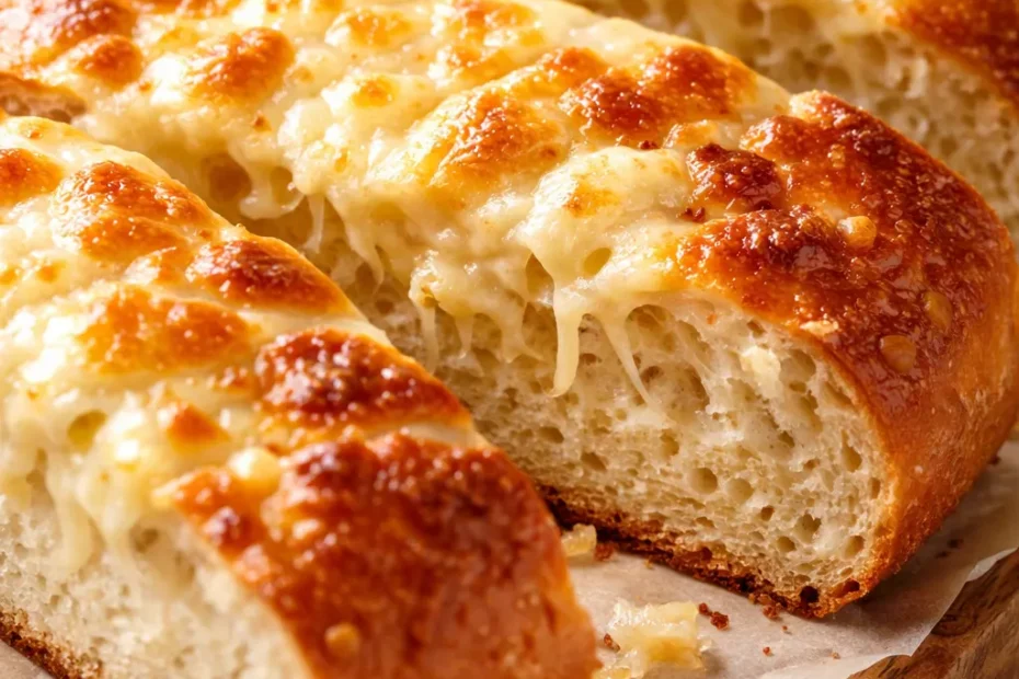Golden, gooey cheesy garlic bread sliced on a wooden board, showing melted cheese and crispy edges.