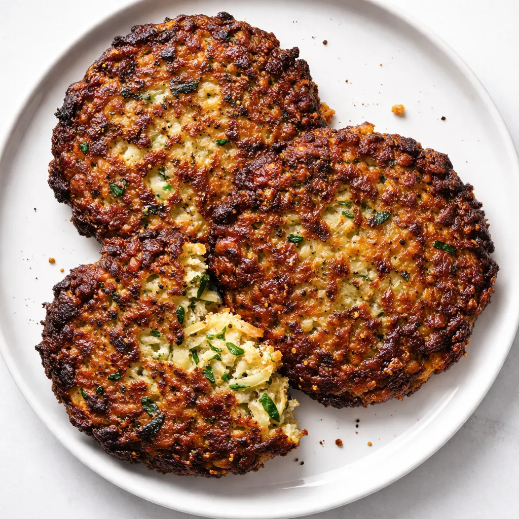 Golden brown zucchini patties sizzling in a skillet with crispy edges and tender interior.