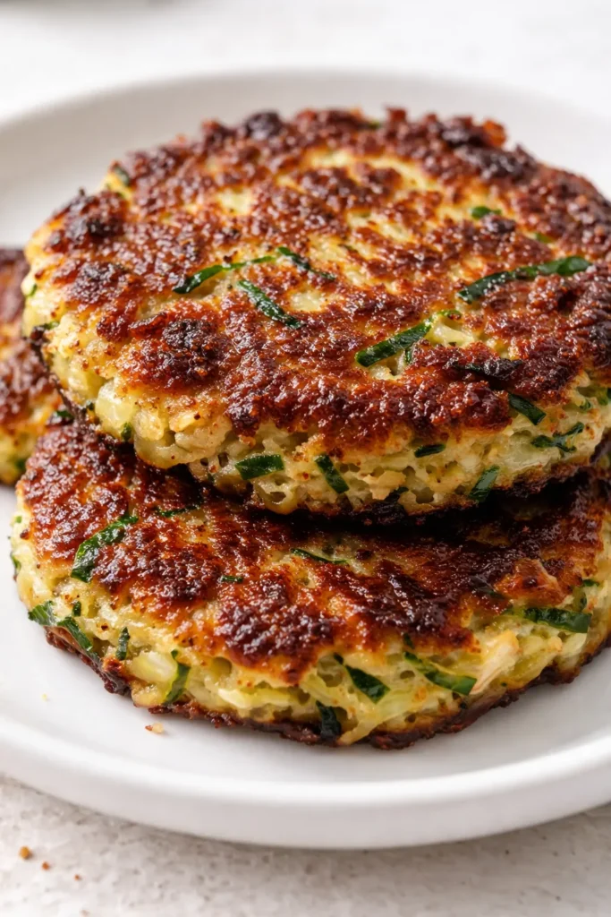 Golden and crispy zucchini patties with a crunchy exterior and tender green interior, stacked on a white plate with a side of dipping sauce.