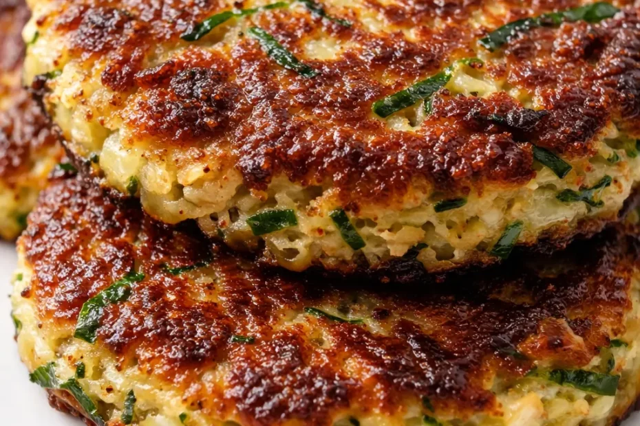 Golden and crispy zucchini patties with a crunchy exterior and tender green interior, stacked on a white plate with a side of dipping sauce.