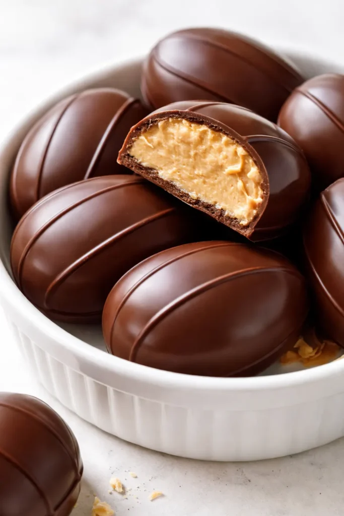 Homemade peanut butter Easter eggs with a dark chocolate shell that cracks cleanly, dusted with cocoa powder.