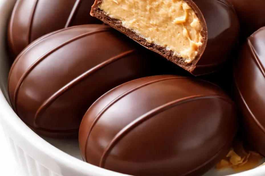 Homemade peanut butter Easter eggs with a dark chocolate shell that cracks cleanly, dusted with cocoa powder.