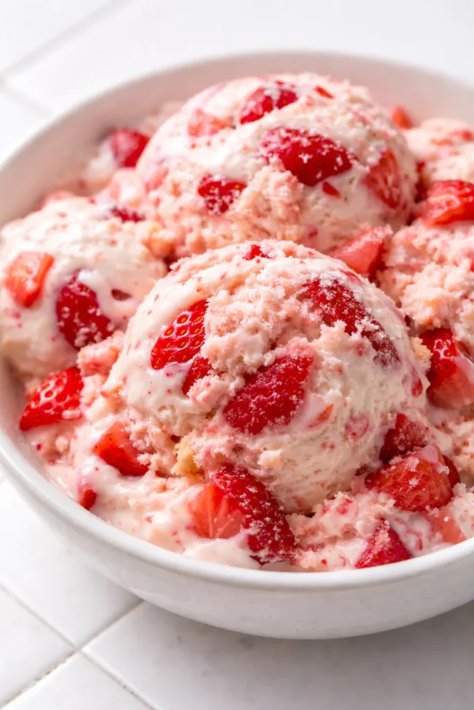 Creamy strawberry shortcake ice cream with fresh strawberries and golden shortcake crumbles, topped with whipped cream.