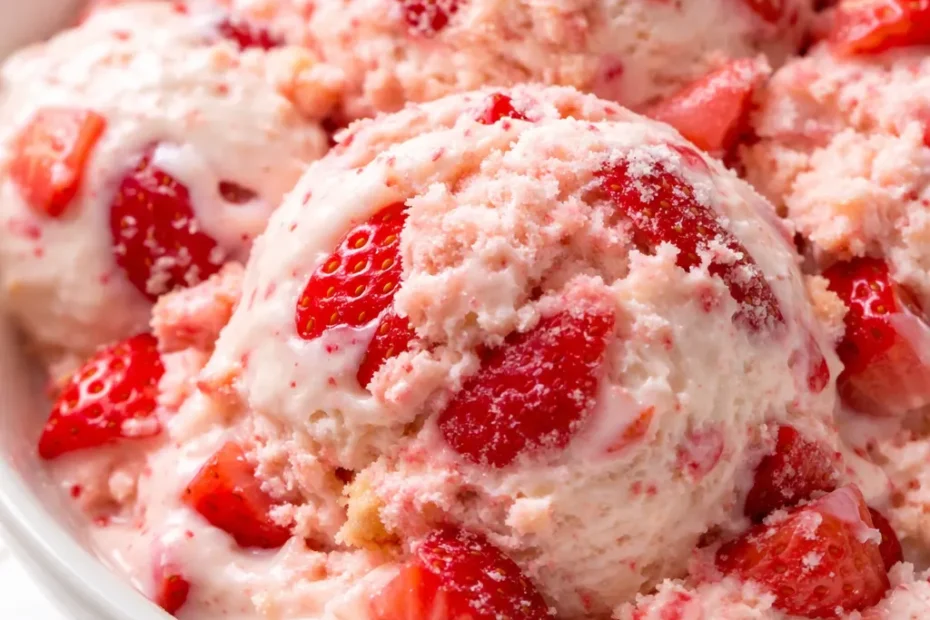 Creamy strawberry shortcake ice cream with fresh strawberries and golden shortcake crumbles, topped with whipped cream.