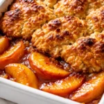 Golden brown, crispy biscuit topping on Grandma's peach cobbler, with bubbling peach filling and caramelized edges.