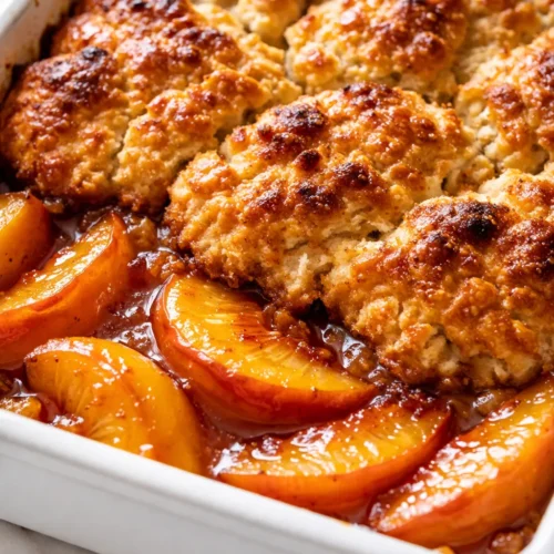 Golden brown, crispy biscuit topping on Grandma's peach cobbler, with bubbling peach filling and caramelized edges.