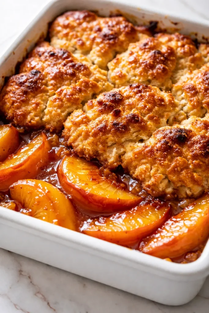 Golden brown, crispy biscuit topping on Grandma's peach cobbler, with bubbling peach filling and caramelized edges.