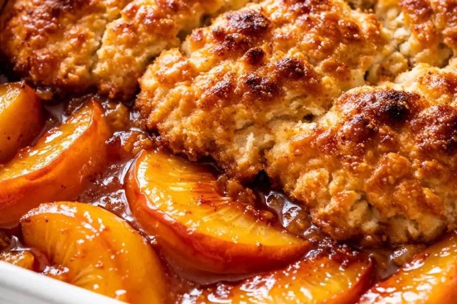 Golden brown, crispy biscuit topping on Grandma's peach cobbler, with bubbling peach filling and caramelized edges.