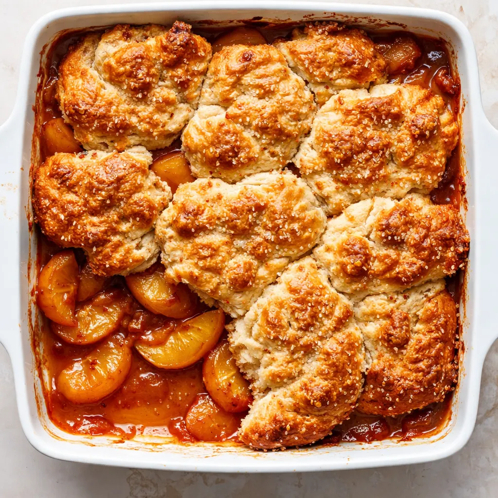 Golden biscuit topping placed over bubbling peach filling in a baking dish, with crispy edges and juicy fruit beneath.