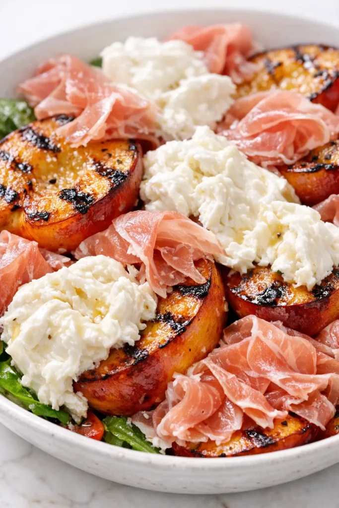 Grilled nectarine burrata prosciutto salad with golden nectarines, creamy burrata, and crispy prosciutto on arugula.