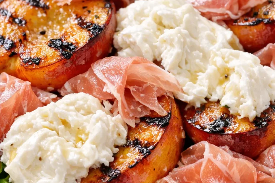 Grilled nectarine burrata prosciutto salad with golden nectarines, creamy burrata, and crispy prosciutto on arugula.