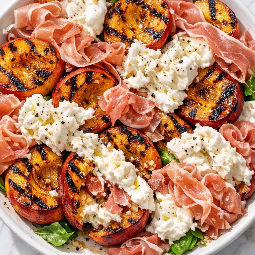 Grilled nectarines with golden char marks alongside creamy burrata and crispy prosciutto on a rustic wooden board.
