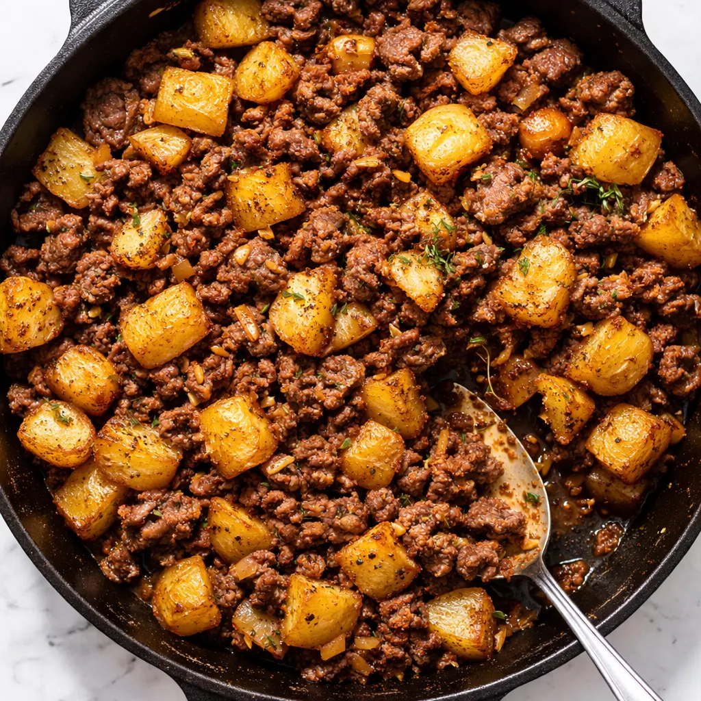 Ground beef and potato skillet cooking in a pan, golden-brown potatoes and crumbled beef with seasoning, non-soggy texture.