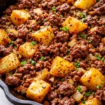 Golden-brown ground beef and crispy potato skillet with melted cheese, fresh parsley, and a creamy texture in a cast iron pan.