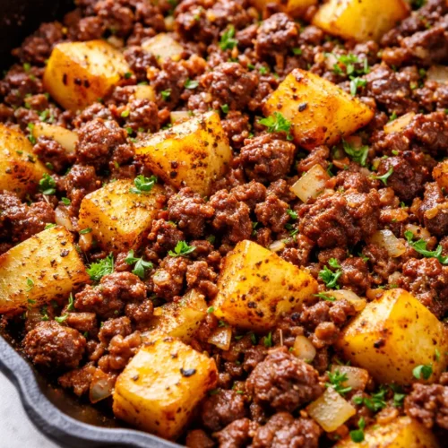 Golden-brown ground beef and crispy potato skillet with melted cheese, fresh parsley, and a creamy texture in a cast iron pan.