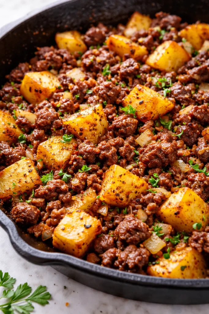 Golden-brown ground beef and crispy potato skillet with melted cheese, fresh parsley, and a creamy texture in a cast iron pan.