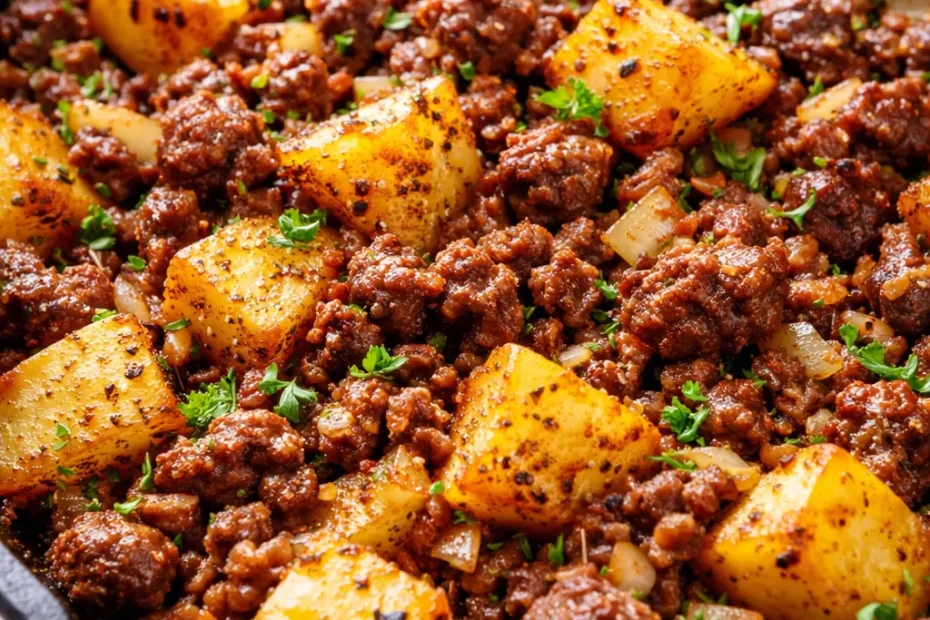 Golden-brown ground beef and crispy potato skillet with melted cheese, fresh parsley, and a creamy texture in a cast iron pan.