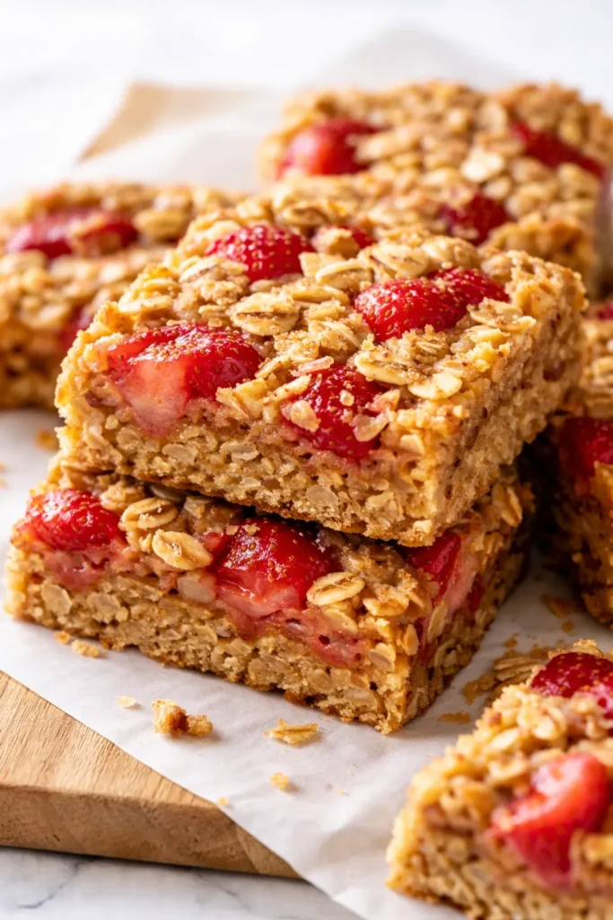 Three stacked healthy strawberry oatmeal bars with golden oat crust and vibrant strawberry filling, held together firmly without crumbling.