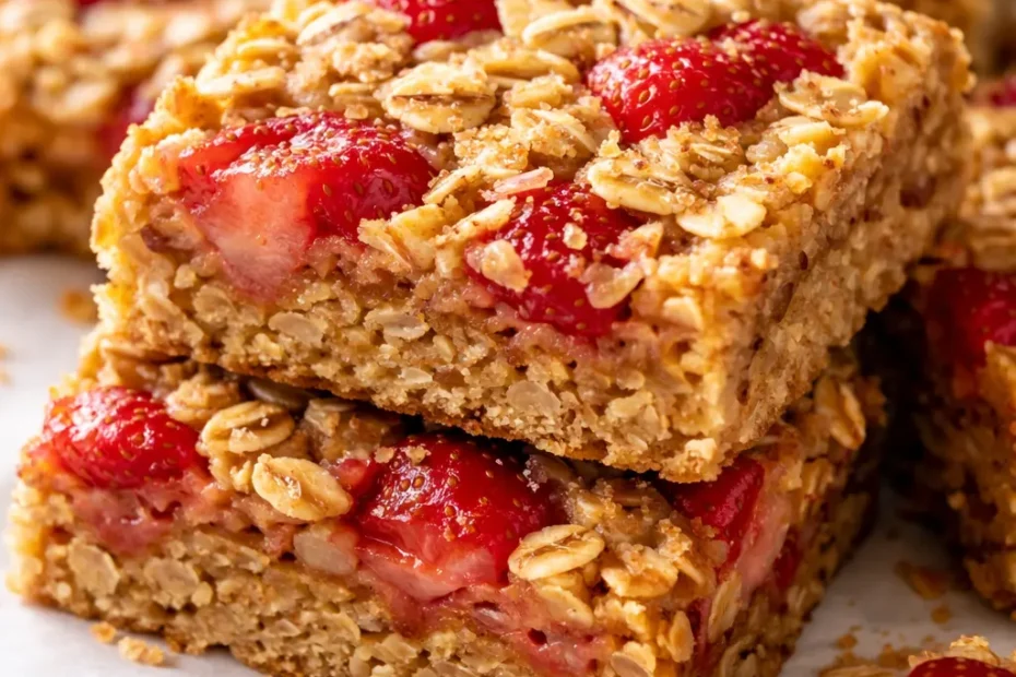 Three stacked healthy strawberry oatmeal bars with golden oat crust and vibrant strawberry filling, held together firmly without crumbling.