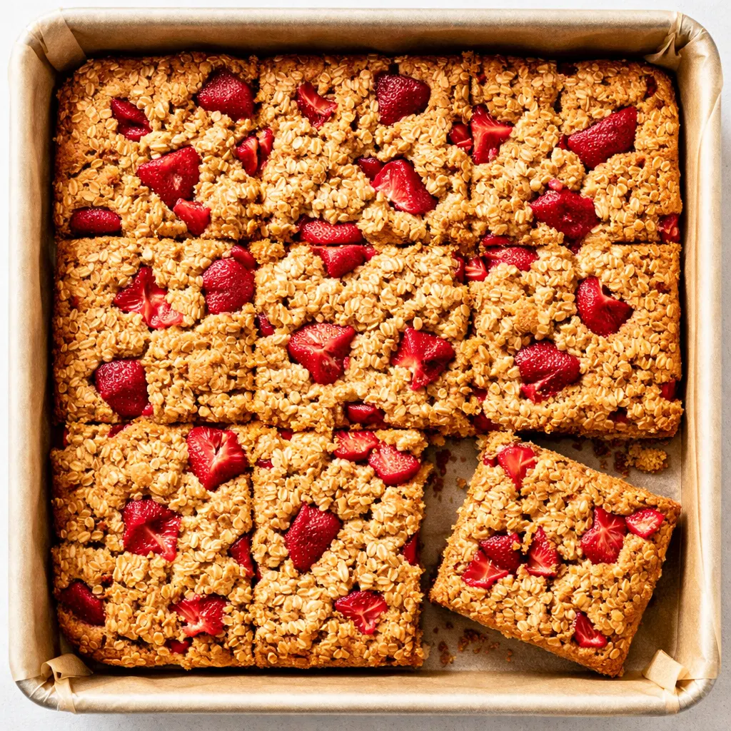 Healthy strawberry oatmeal bars mixture pressed into a baking pan with sticky oats and fresh strawberry chunks, golden and vibrant.