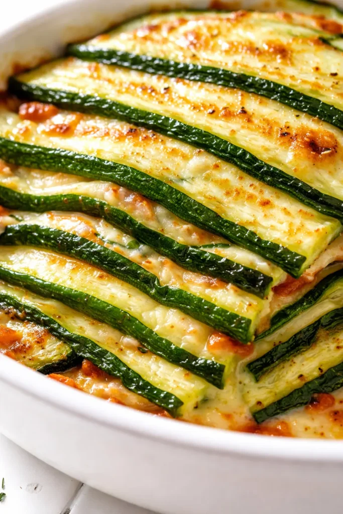 Golden brown hearty zucchini lasagna slice with tender zucchini layers and bubbly melted cheese, crispy edges