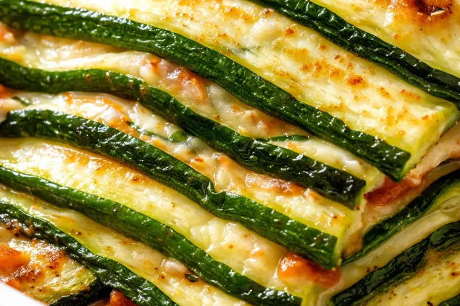 Golden brown hearty zucchini lasagna slice with tender zucchini layers and bubbly melted cheese, crispy edges