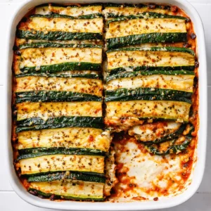 Layers of zucchini slices, marinara sauce, and ricotta cheese in a baking dish, demonstrating the no-soggy lasagna technique with a golden cheese topping.
