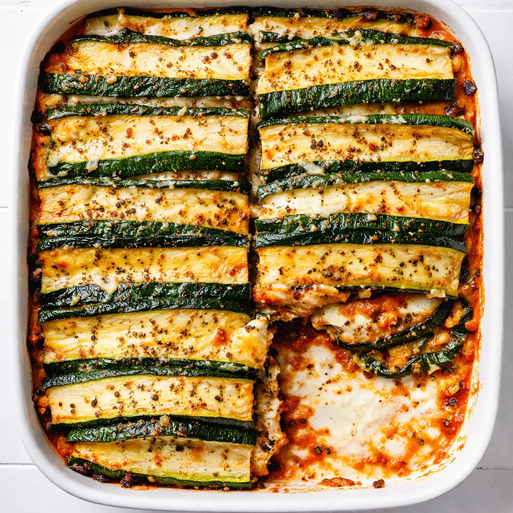 Layers of zucchini slices, marinara sauce, and ricotta cheese in a baking dish, demonstrating the no-soggy lasagna technique with a golden cheese topping.