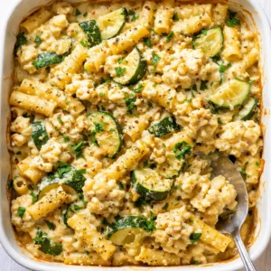 Creamy high protein baked feta pasta with hidden vegetables, golden and bubbling.