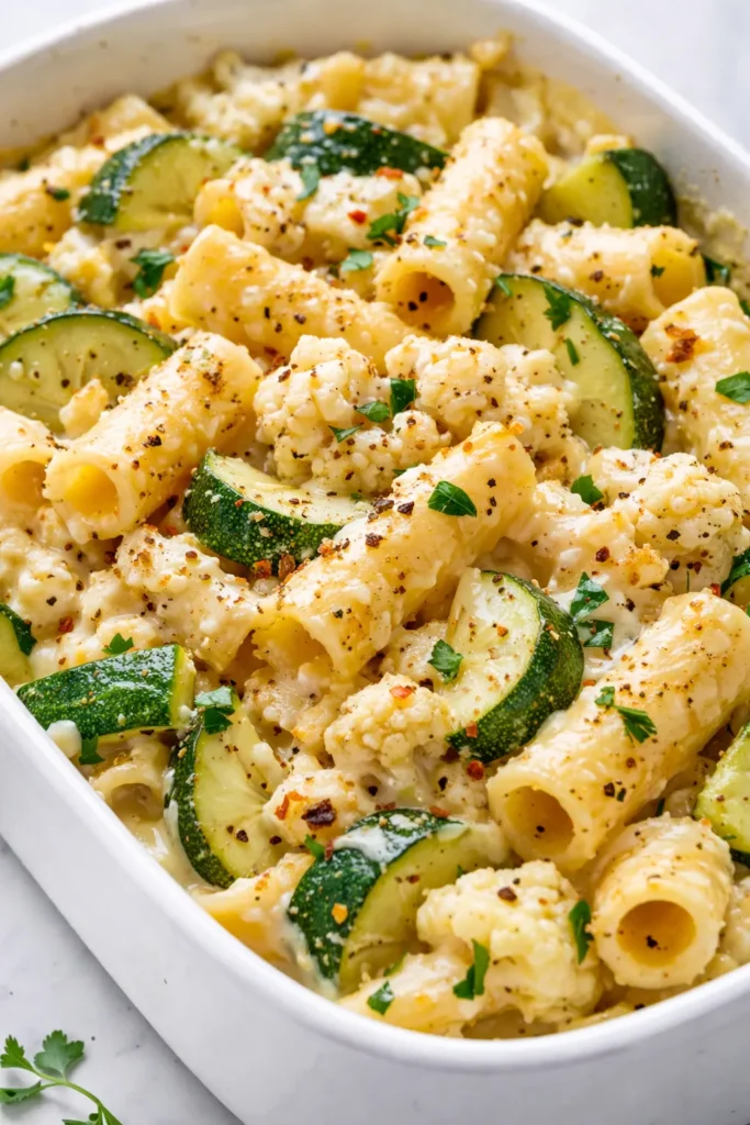 Creamy high protein baked feta pasta with hidden veggies, golden and bubbly, served in a white bowl, topped with fresh basil.