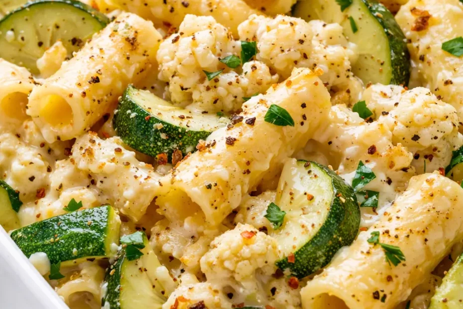 Creamy high protein baked feta pasta with hidden veggies, golden and bubbly, served in a white bowl, topped with fresh basil.