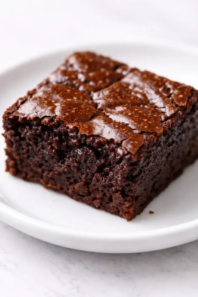 Fudgy high protein brownie bites with rich dark chocolate color and a shiny, cracked top on a white plate.