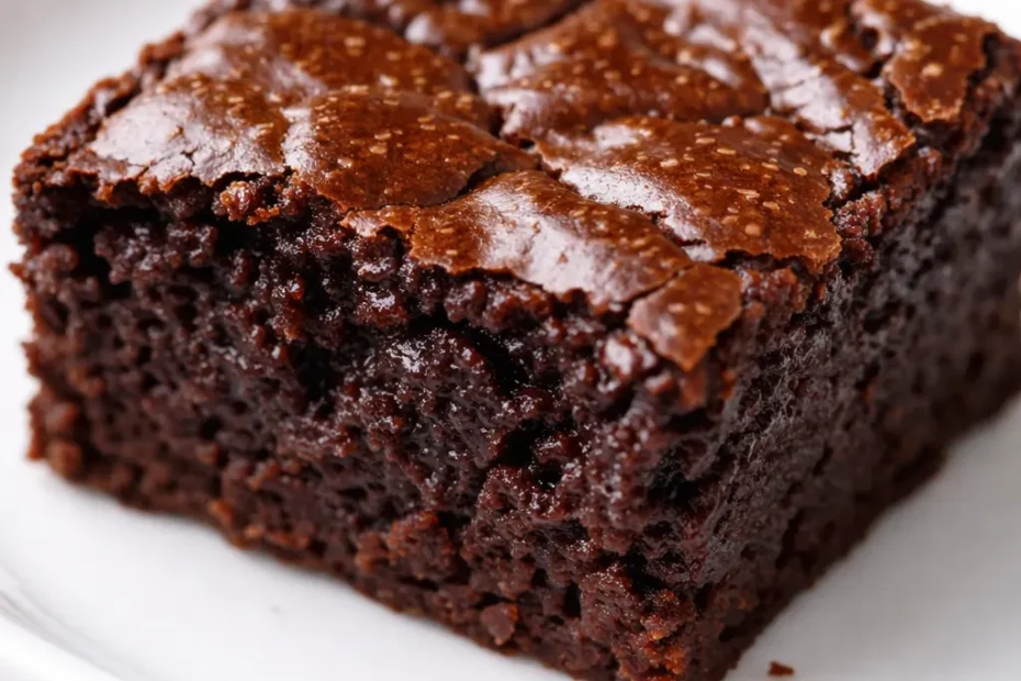 Fudgy high protein brownie bites with rich dark chocolate color and a shiny, cracked top on a white plate.