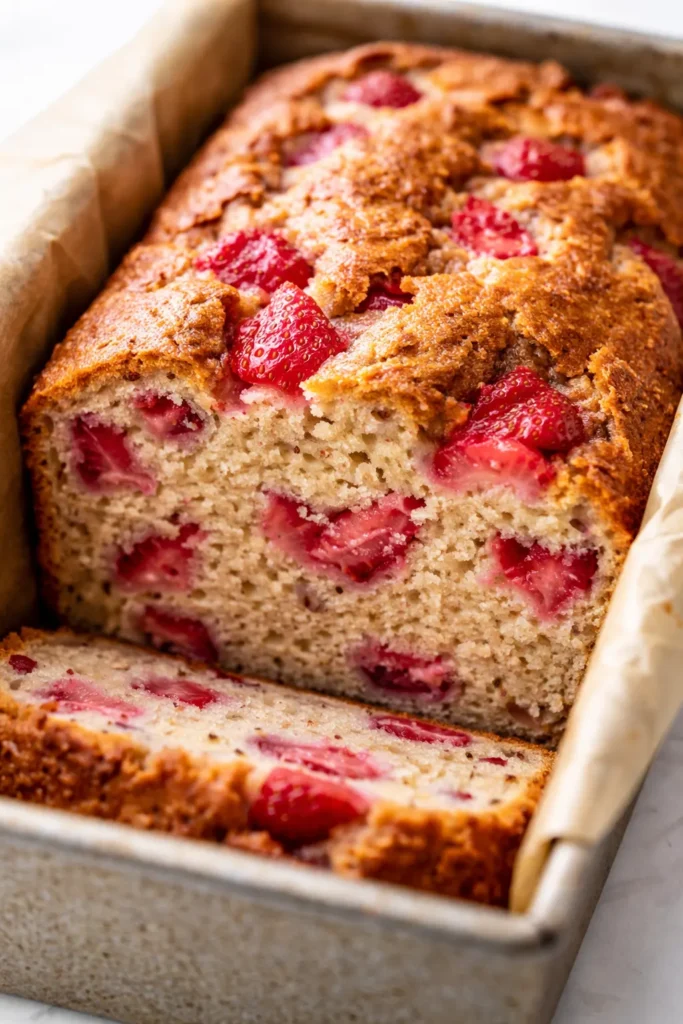 Moist high-protein strawberry loaf with fresh strawberry pieces and a tender crumb, sliced on a rustic wooden board.