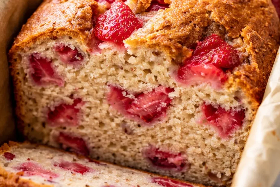 Moist high-protein strawberry loaf with fresh strawberry pieces and a tender crumb, sliced on a rustic wooden board.