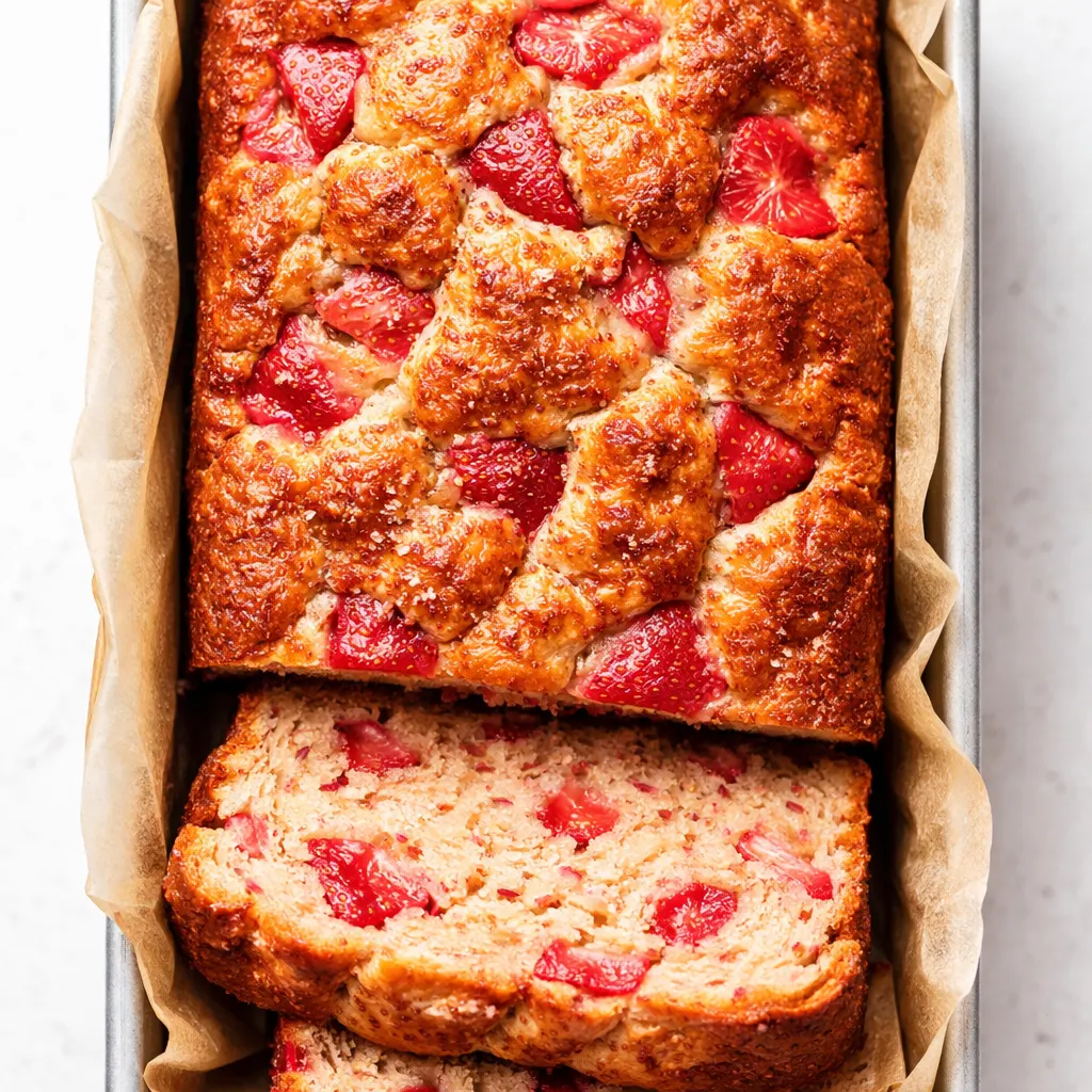 Moist high-protein strawberry loaf slice with vibrant pink flecks and dense, fluffy texture.
