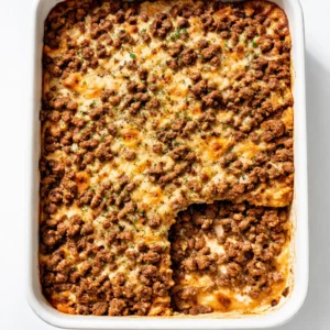 Ground beef browning in a skillet with onions for creamy hobo casserole.