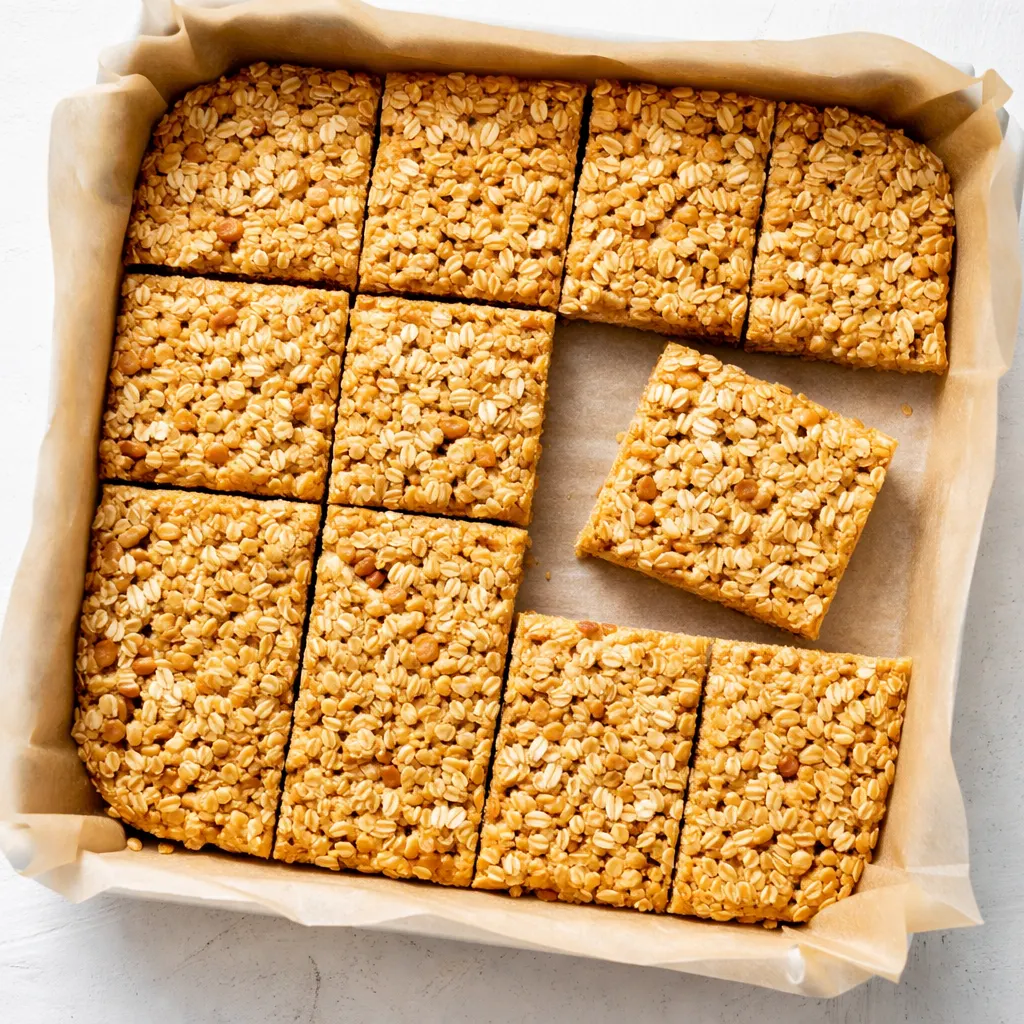 Homemade no bake granola bars, golden brown, chewy texture, packed with oats, honey, and nuts, stacked on a tray.