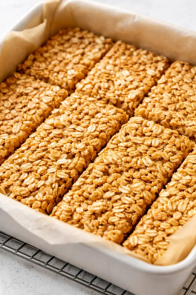 Homemade no bake granola bars stacked neatly, golden brown with visible oats and almonds, chewy texture holding together perfectly.