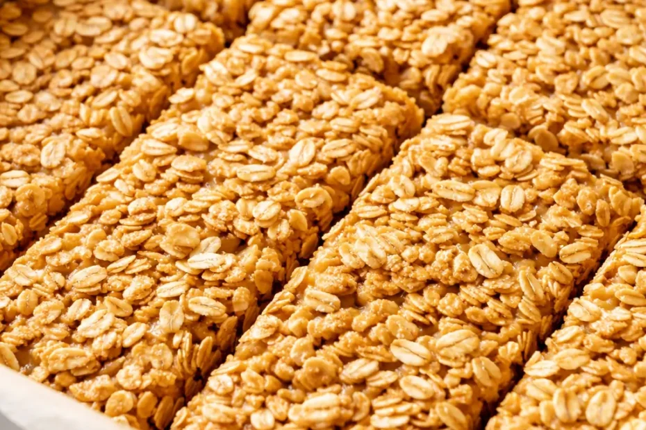 Homemade no bake granola bars stacked neatly, golden brown with visible oats and almonds, chewy texture holding together perfectly.