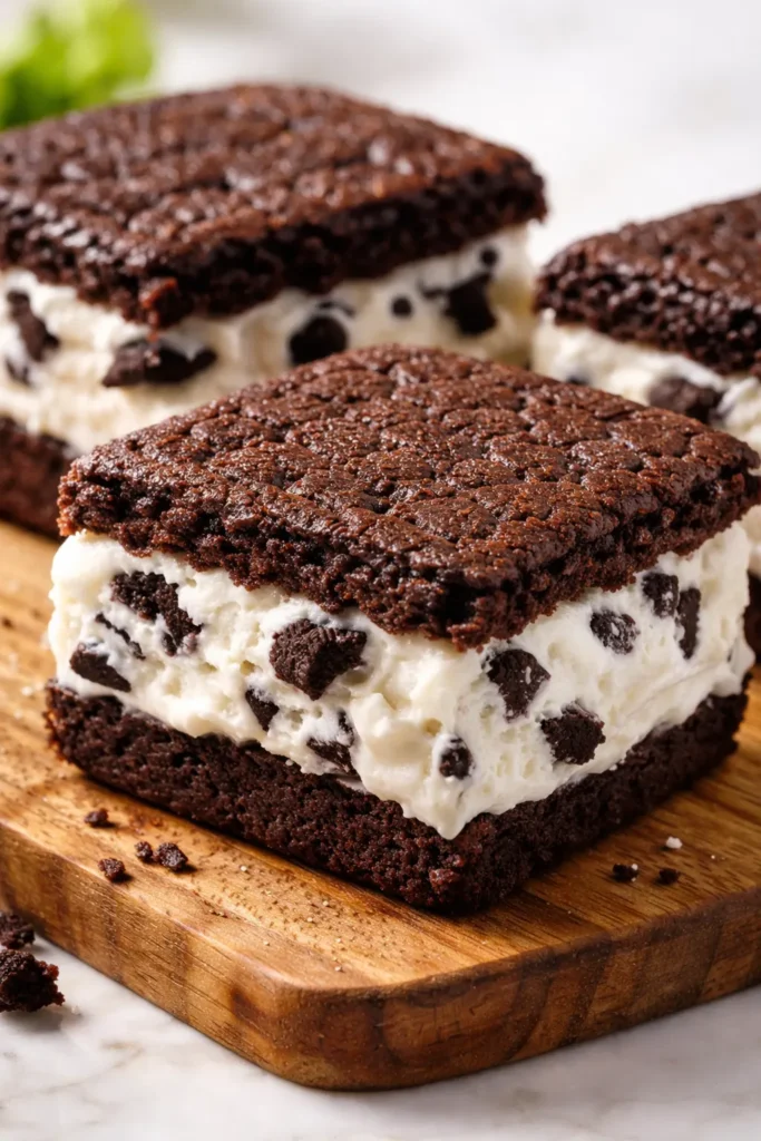 Dark chocolate wafers sandwiching creamy vanilla ice cream with visible chocolate cookie crumbs, a decadent homemade Oreo ice cream sandwich.
