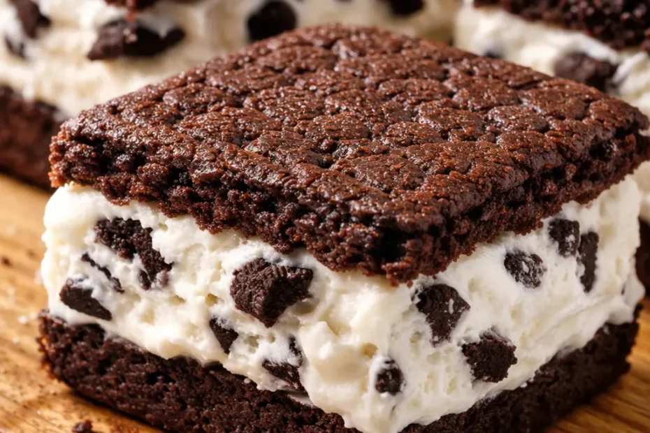 Dark chocolate wafers sandwiching creamy vanilla ice cream with visible chocolate cookie crumbs, a decadent homemade Oreo ice cream sandwich.
