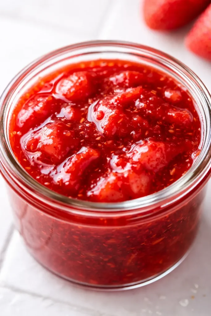Glossy homemade strawberry sauce with vibrant red color and visible strawberry chunks, ready to drizzle over desserts.