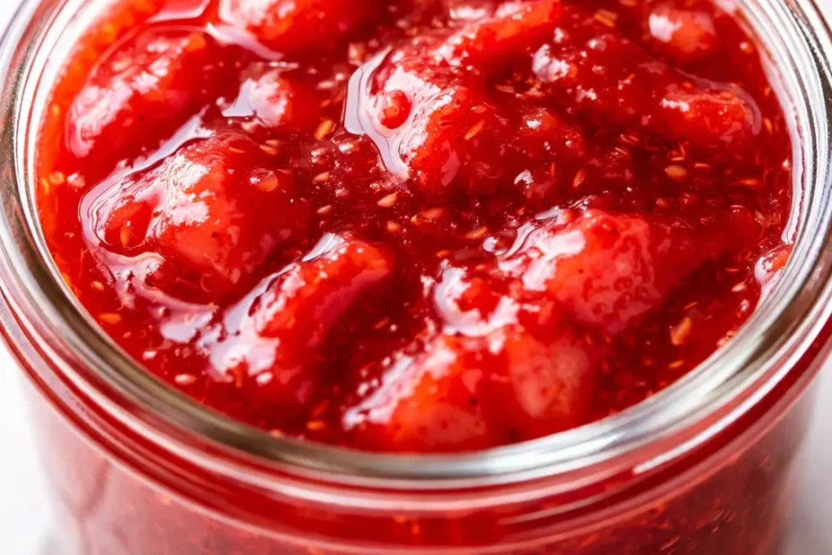 Glossy homemade strawberry sauce with vibrant red color and visible strawberry chunks, ready to drizzle over desserts.