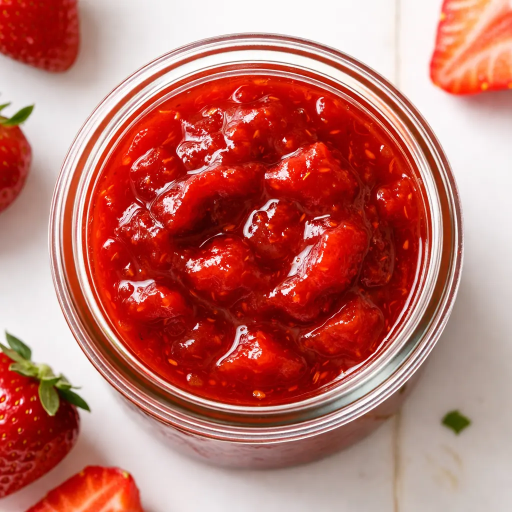 Fresh strawberries and sugar simmering in a saucepan to create a thick, glossy homemade strawberry sauce.