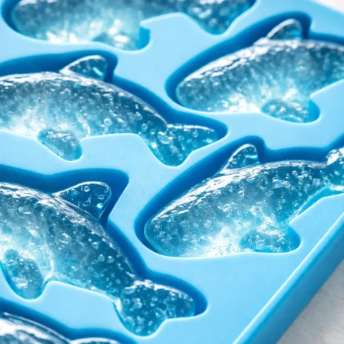 Jiggly Shark Pops jiggly shark-shaped treats on a white plate with blue frosting eyes and pink cheeks, glossy gelatin texture.