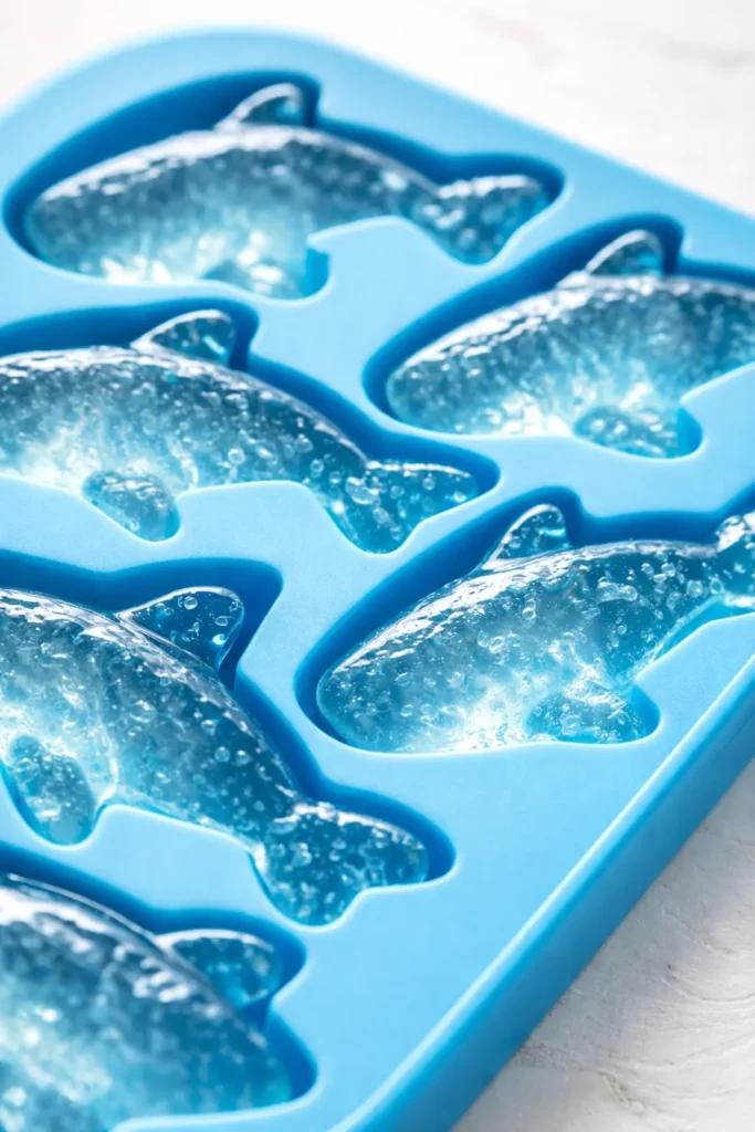 Jiggly Shark Pops jiggly shark-shaped treats on a white plate with blue frosting eyes and pink cheeks, glossy gelatin texture.