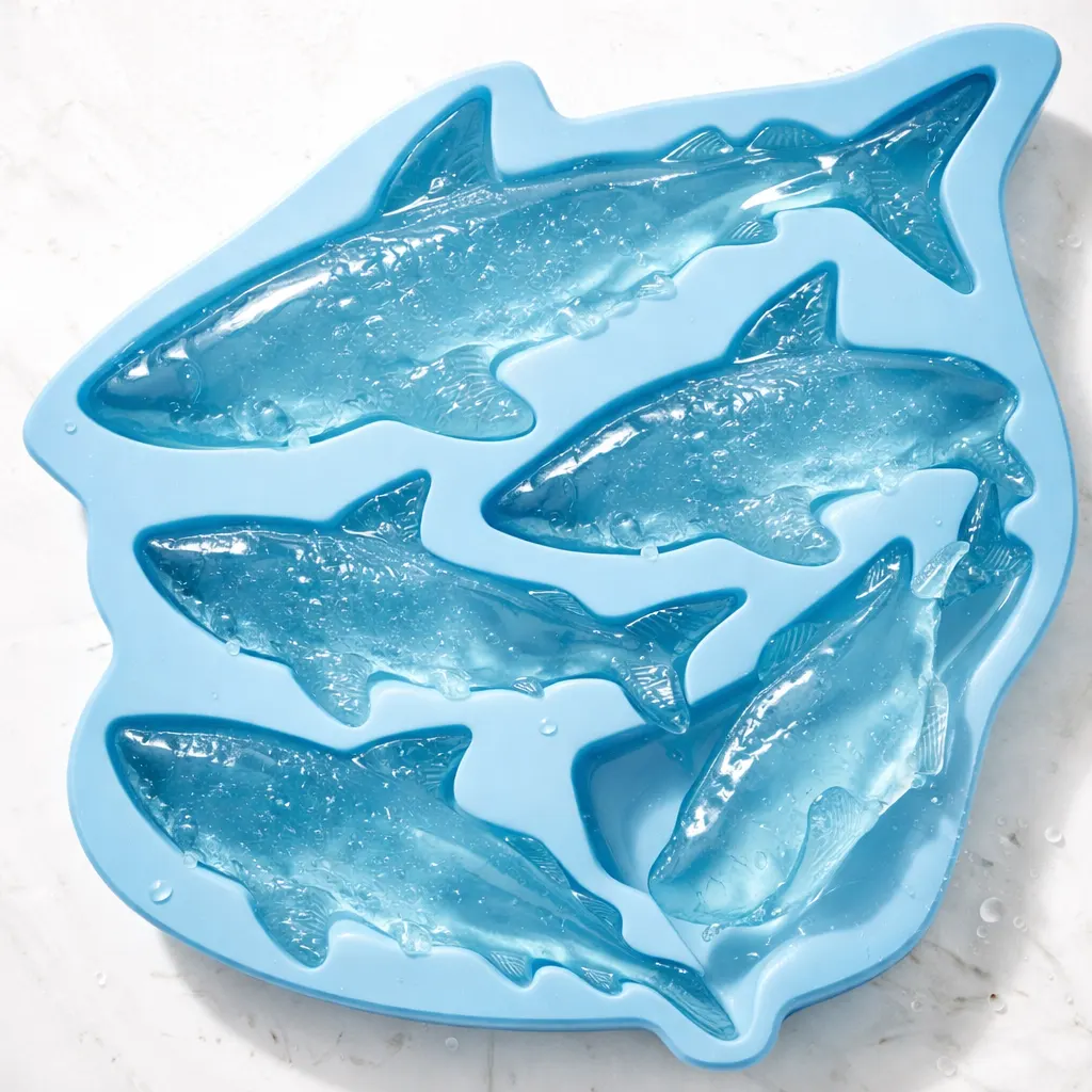 Hands shaping jiggly shark pops with bright blue gelatinous texture and candy eyes